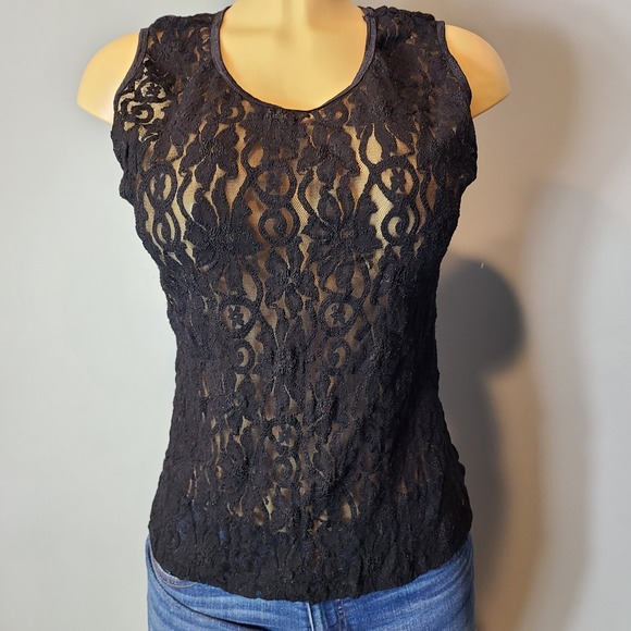 American Vintage Tops - Vtg Y2K‎ Sheer Stretchy Lace Dainty Black Fairy Goth Top Sz L 90s Floral Grunge